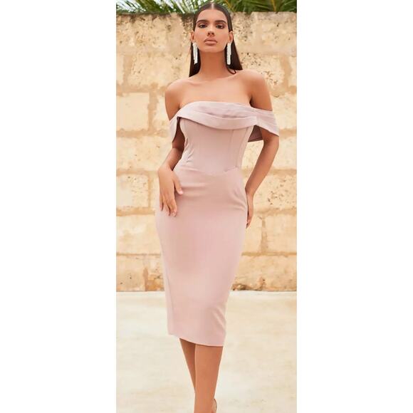 Lavish Alice Dresses & Skirts - Lavish Alice Mink Pleated Bardot Satin Mix Midi Dress Womens Size 4 New Formal